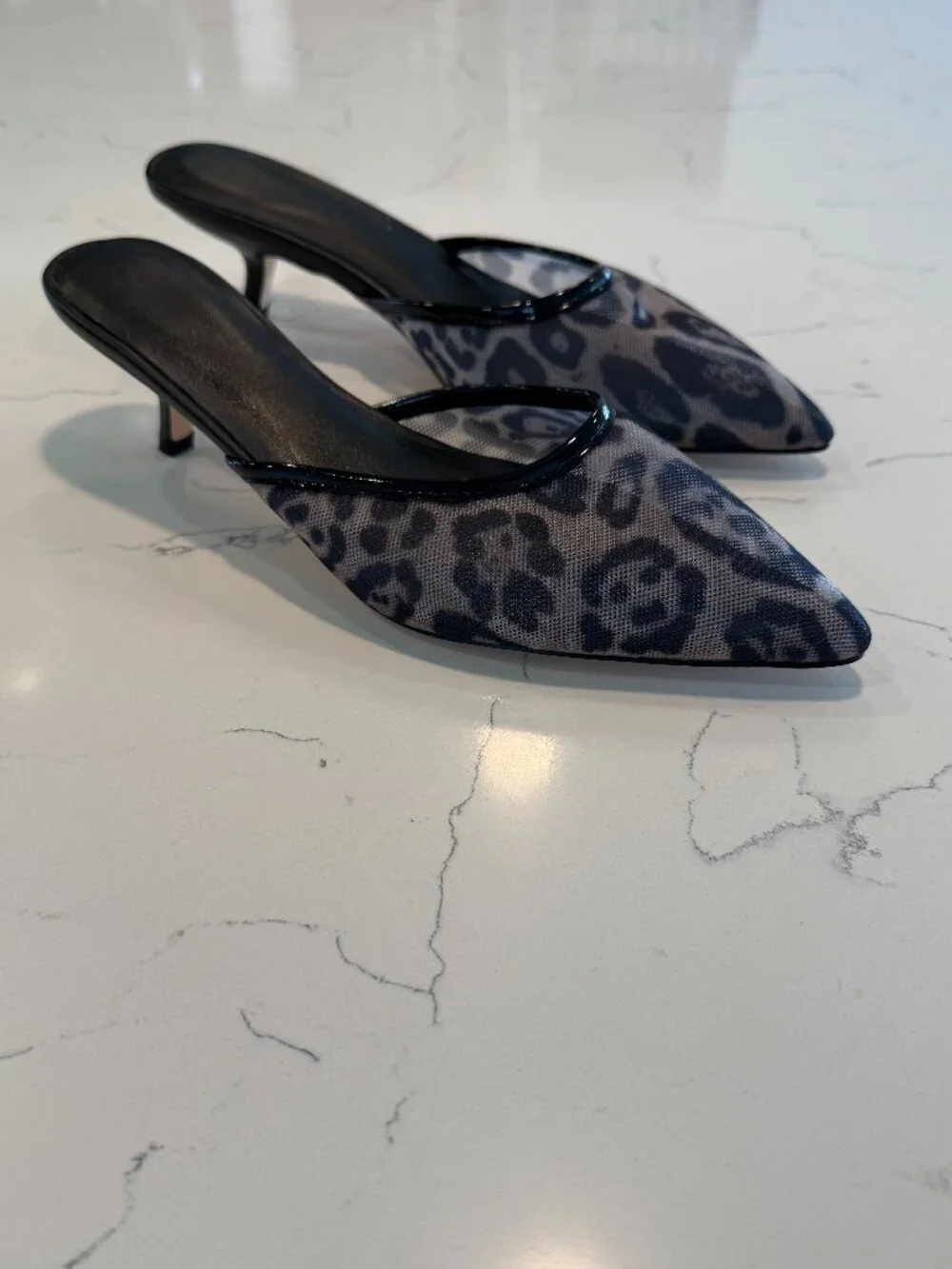 Leopard print mesh kitten heels slip on mules size 8